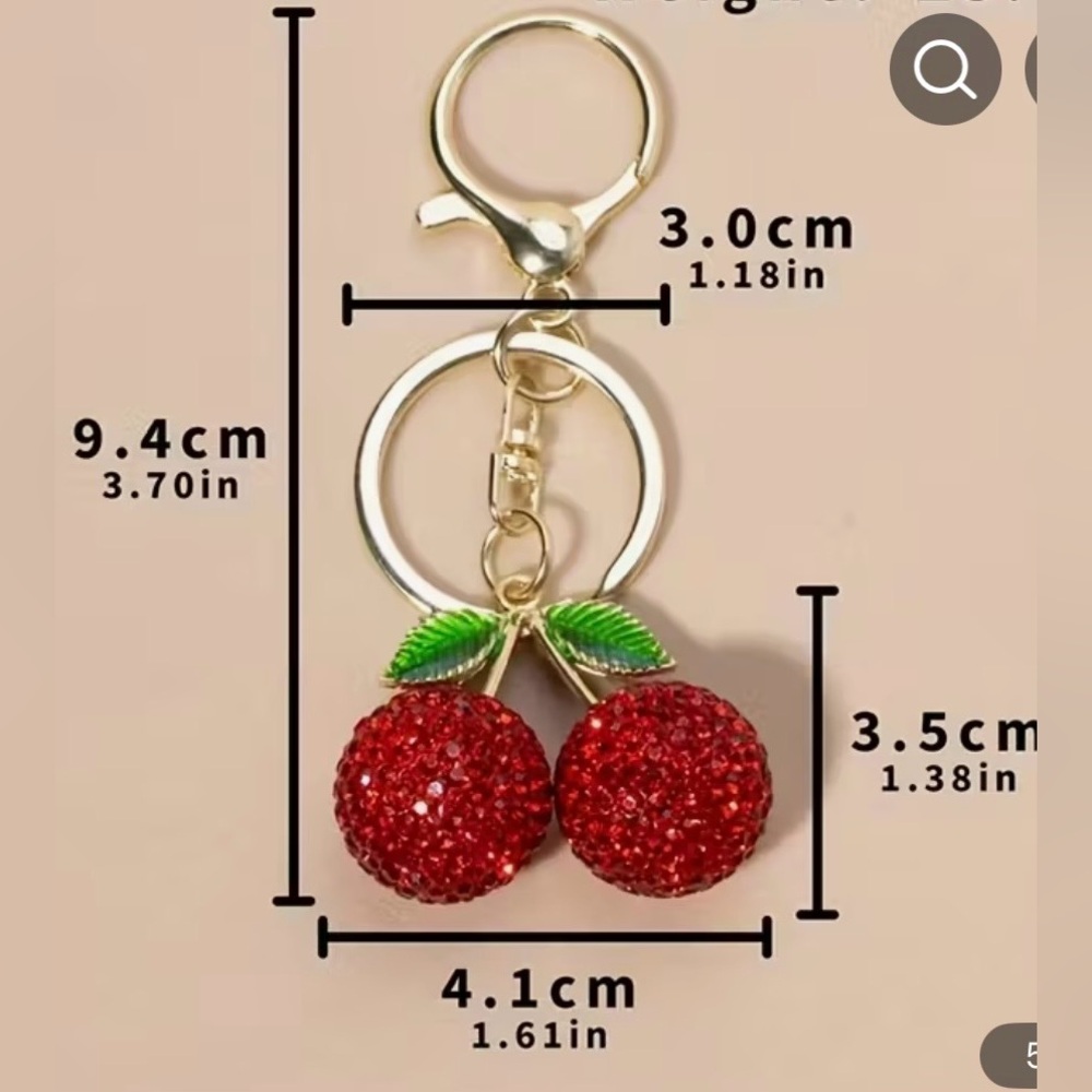 Red Cherry Keychain with Red Crystals and Green Leaves - Picture 2 of 2